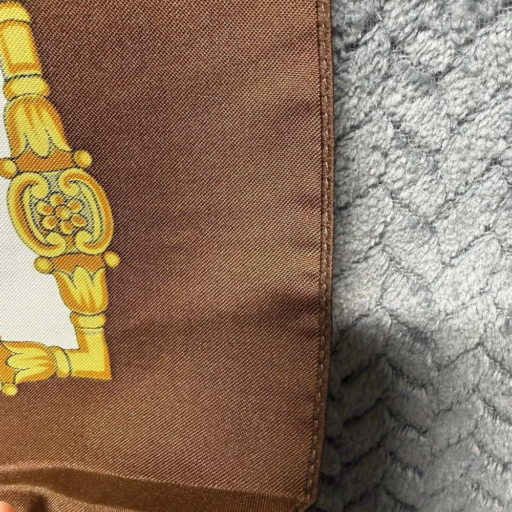 VTG Italian Carriage Print Silk-Style Scarf‎ Stage Coach Brown Gold Equestrian
